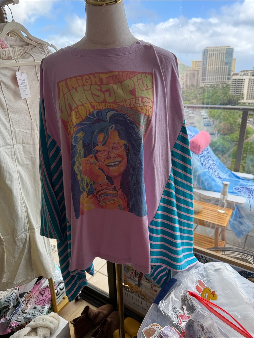 Blue Velvet Lilac Graphic Janis Joplin with 3/4 length Teal Striped Sleeves